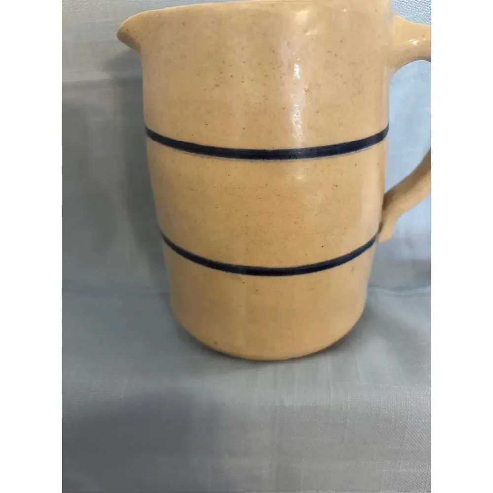 Antique Stoneware Pitcher Beige W/ Blue Stripe Rustic Farmhouse Decor Heavy